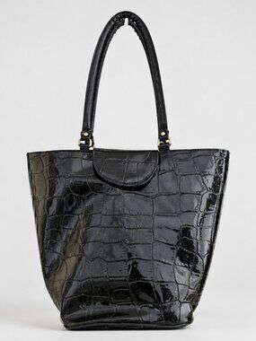 Capezio Black Croc Embossed‎ Patent Tote Bag, Deep Structured Shoulder Bag Faux